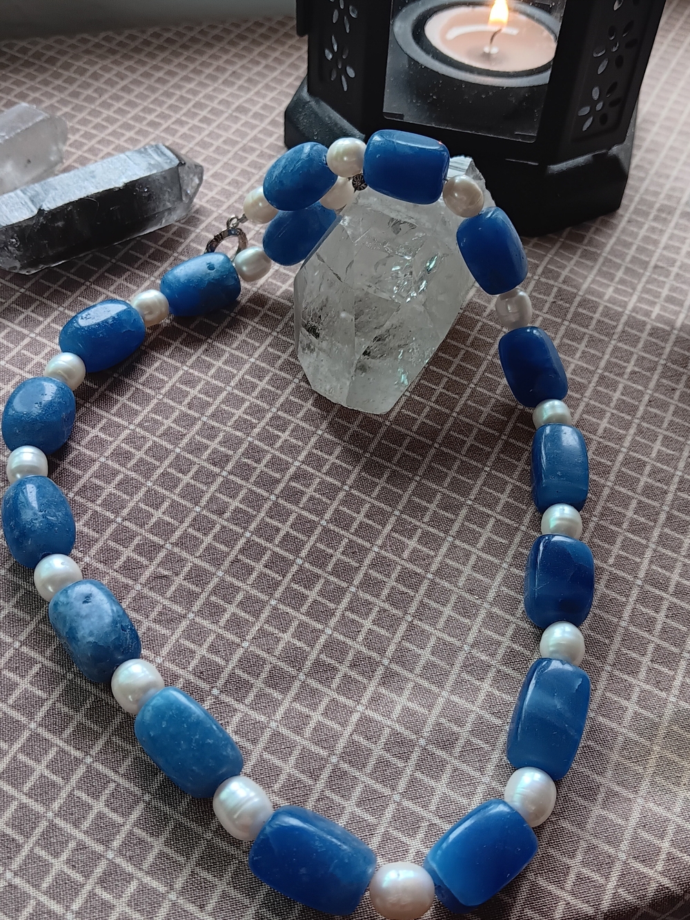 Blue Gem Stones W/ cultured Pearls, Necklace, W Silver Toggle Clasp.